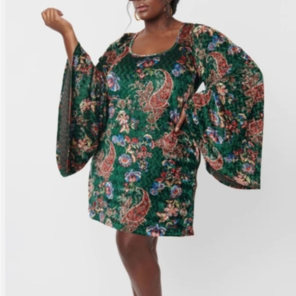 Smak Parlour Green Paisley Velvet Downtown Scene Mini Dress Size 22-24
